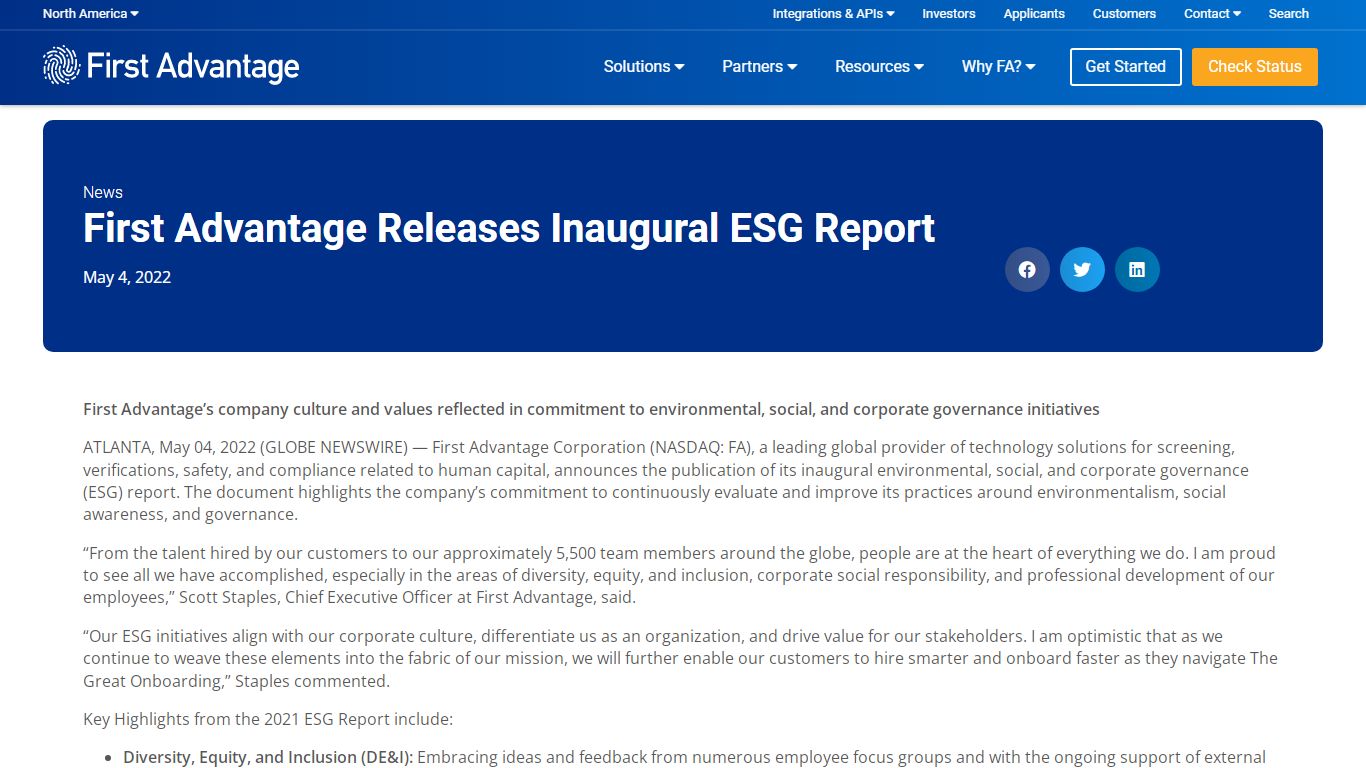 First Advantage Releases Inaugural ESG Report - North America